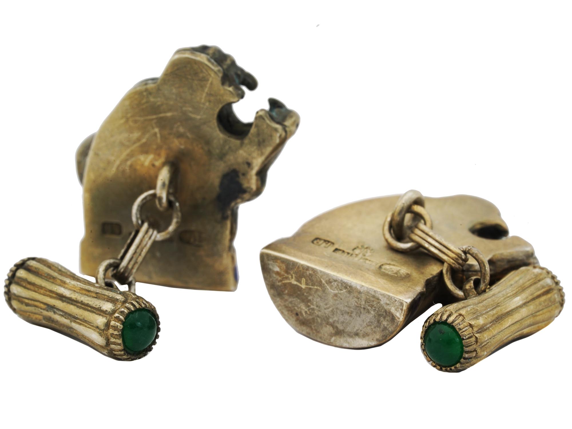 RUSSIAN GILT SILVER GEMSTONES BULLDOG CUFFLINKS PIC-1